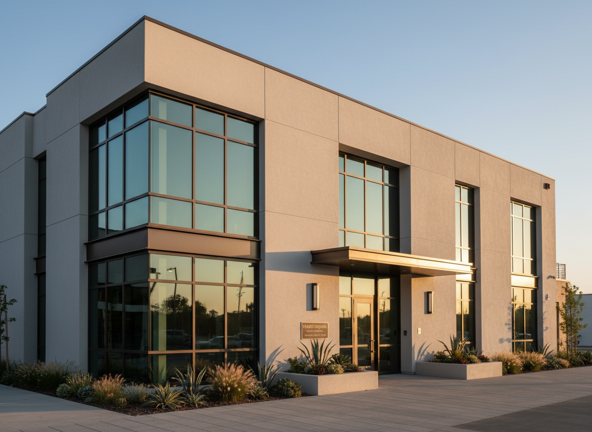 A sleek, newly completed mixed-use building in Nuevo, California, with clean contemporary lines, smooth light-gray stucco, and expansive low-e glass windows framed in dark bronze metal. The ground level showcases a refined stone-clad entry canopy and neatly landscaped planters with drought-tolerant greenery. Captured in soft late-afternoon natural light, subtle highlights trace the building’s edges while long shadows emphasize depth and form. The sky is a clear pale blue, giving the scene a sophisticated, professional mood. Photographic realism from a slightly elevated eye-level angle, with sharp focus across the façade, conveys architectural precision, craftsmanship, and Madrigal Construction Inc.’s expertise in both residential and commercial projects.