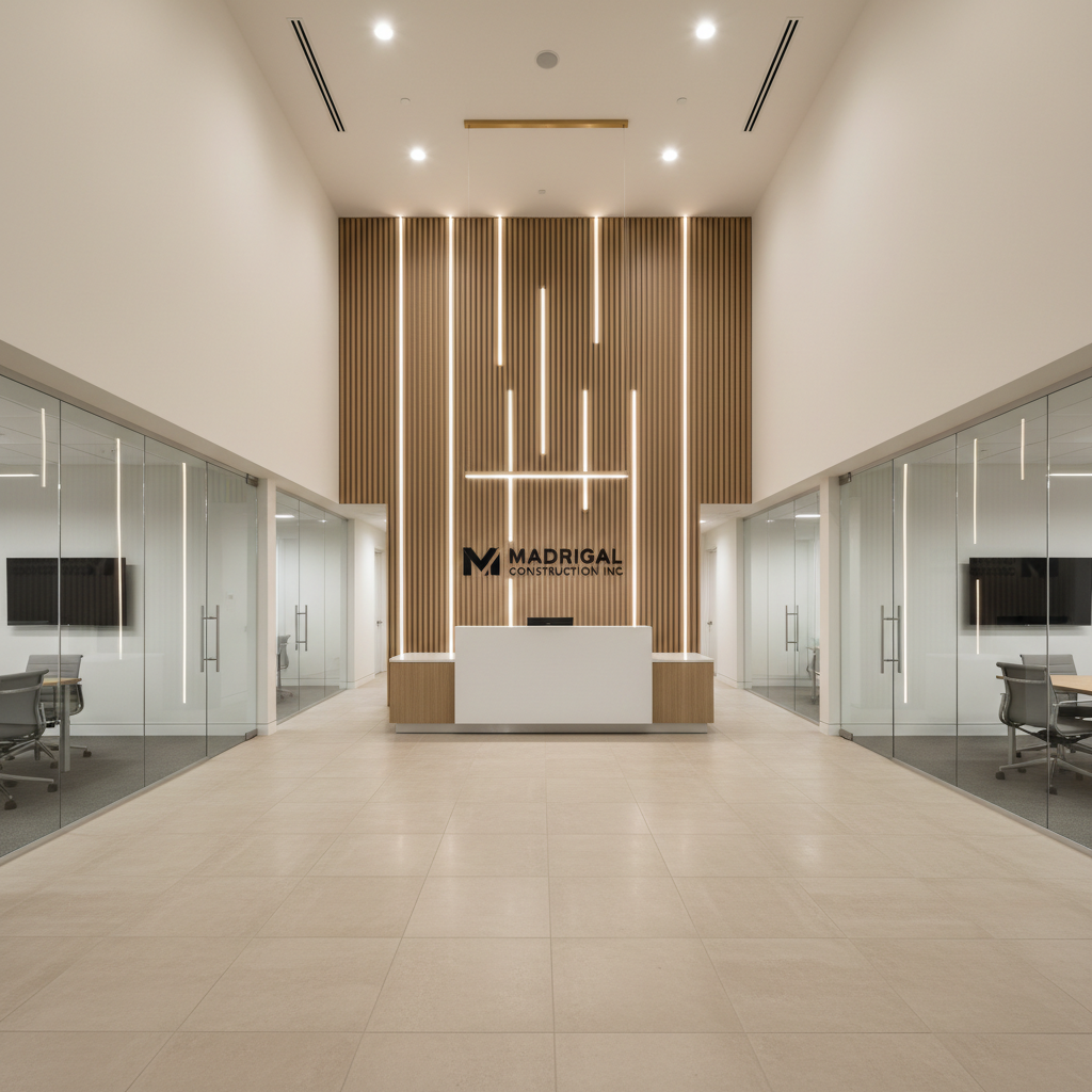 A refined commercial interior lobby in a newly constructed office building in Nuevo, California, highlighting Madrigal Construction Inc.’s modern design sensibility. The space features a double-height ceiling, large-format porcelain tile flooring in a light stone tone, and a sculptural feature wall with vertical wood slats and integrated indirect lighting. A minimalist reception desk in white solid surface material sits prominently, while surrounding glass partitions reveal conference rooms beyond. Soft, evenly distributed artificial lighting from recessed fixtures and a statement linear pendant creates a bright yet calm mood. Photographic realism, captured at eye level with balanced, symmetrical composition, emphasizes clarity, precision, and high-quality commercial construction.