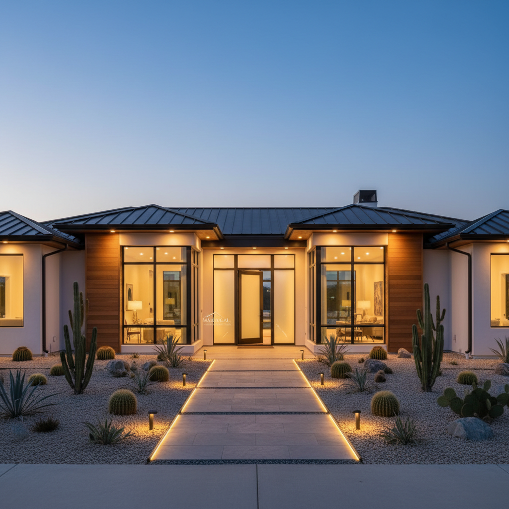 A dramatic dusk exterior of a custom luxury home in Nuevo, California, recently completed by Madrigal Construction Inc., with a harmonious blend of smooth white stucco, warm natural wood cladding, and dark standing-seam metal roofing. Large glass panels reveal softly lit interiors, while a carefully illuminated entry walkway with linear LED ground lights guides the eye to a refined pivot door. The landscaping features sculptural desert plants and smooth gravel beds. Captured in photographic realism with a wide, eye-level composition, the cool blue twilight sky contrasts with warm architectural lighting, creating a polished, inviting, and sophisticated atmosphere that showcases high-end residential construction craftsmanship.