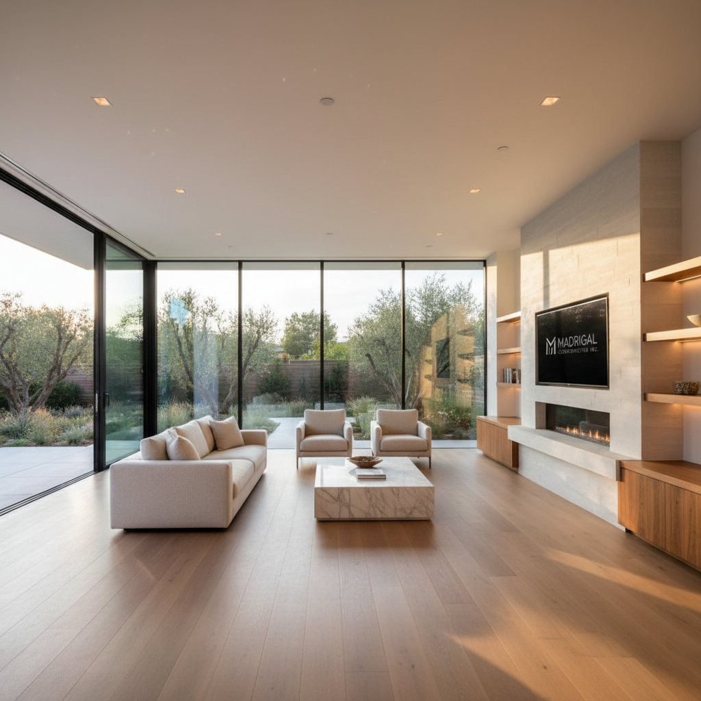 An elegant residential living room in a high-end Nuevo, California remodel, featuring floor-to-ceiling sliding glass doors opening to a landscaped backyard. The space includes smooth white walls, wide-plank light oak flooring, and a custom-built media wall with integrated niches and concealed lighting. A minimalist stone fireplace anchors the room, while built-in cabinetry in warm wood tones adds texture. Golden hour sunlight pours through the glass, casting soft, elongated shadows and creating a calm, sophisticated ambiance. Photographic realism, shot at eye level with a wide lens, showcases the full room with crisp detail and gentle background falloff, highlighting Madrigal Construction Inc.’s refined approach to residential remodeling and architectural design.