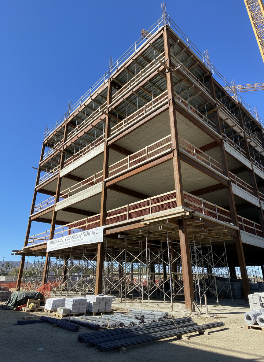 A detailed view of an active commercial construction site in Nuevo, California, showcasing a partially framed steel and concrete structure in mid-rise scale. Exposed structural beams, freshly poured concrete floors, and neatly organized stacks of materials are visible, all meticulously arranged. Orange safety barriers, metal scaffolding, and temporary support structures frame the scene without showing any people. Bright, clear midday sunlight creates sharp, graphic shadows across the framework, emphasizing geometry and progress. Captured in photographic realism from a low-angle perspective, the composition accentuates vertical lines and the building’s emerging form, communicating strength, organization, and Madrigal Construction Inc.’s competent project management and construction supervision capabilities.
