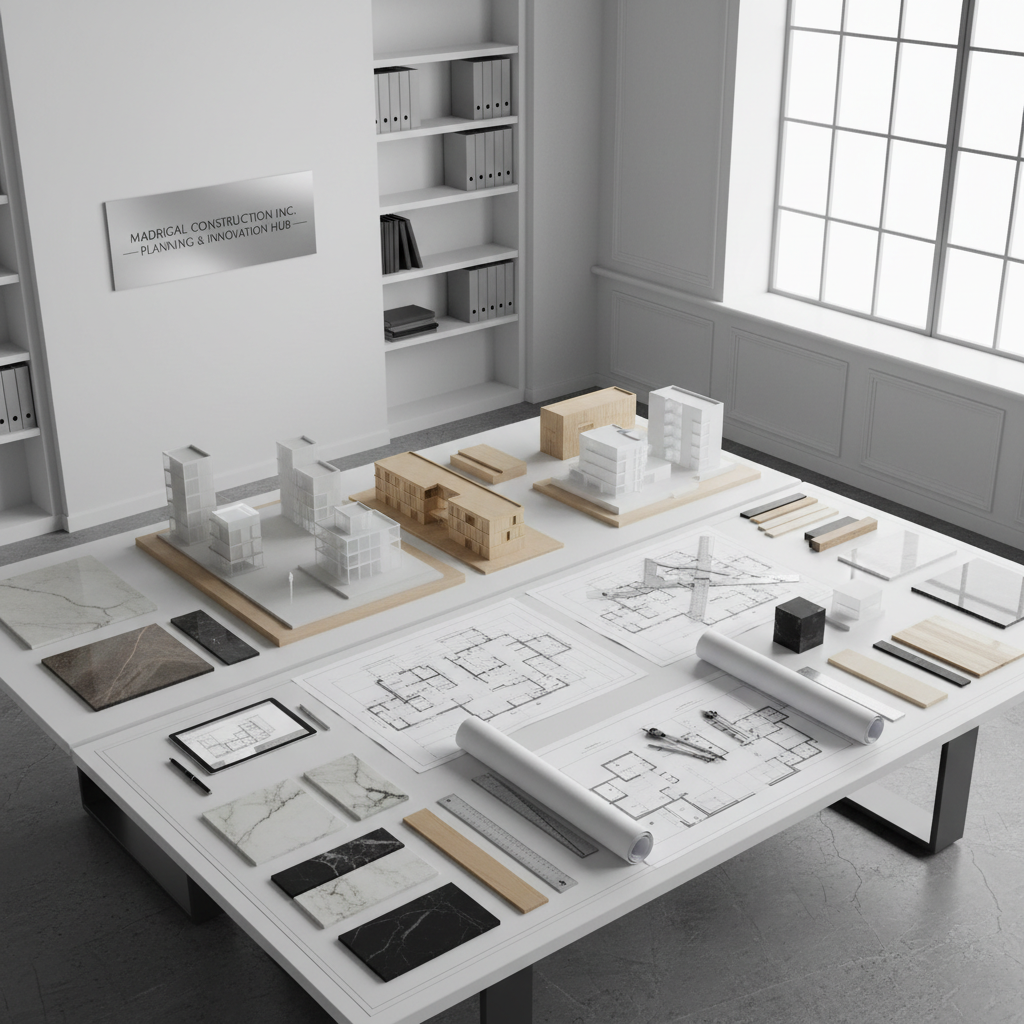 A sophisticated architectural studio workspace displaying Madrigal Construction Inc.’s planning process, with a large central table covered in detailed blueprints, 3D building models, and high-quality samples of stone, wood, and metal finishes. Precision drafting tools, tablets, and scale rulers are arranged neatly, conveying meticulous organization. The room features clean white walls, tall shelving with architectural binders, and a large window admitting diffused daylight. Gentle, even lighting creates soft shadows across the drawings, enhancing linework and textures. Photographic realism from an overhead three-quarter angle captures the entire tabletop and part of the surrounding studio, evoking a focused, professional, and sophisticated mood that underscores the firm’s architectural design and project management expertise.
