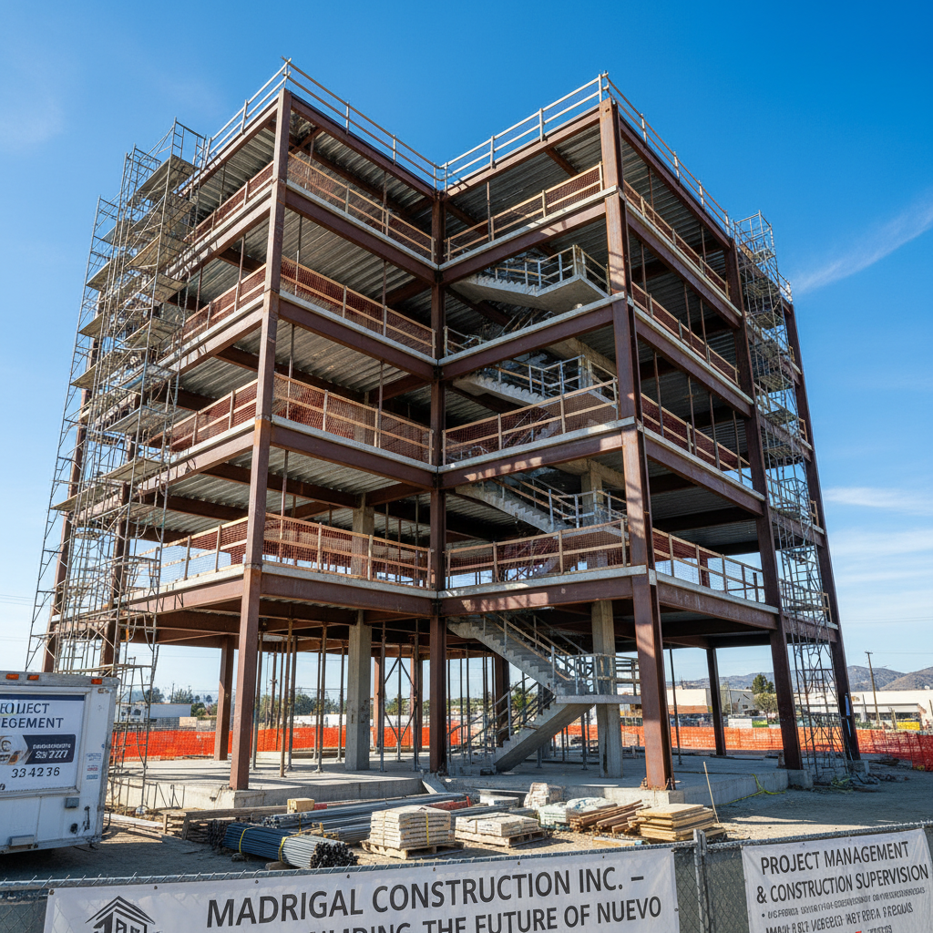 A detailed view of an active commercial construction site in Nuevo, California, showcasing a partially framed steel and concrete structure in mid-rise scale. Exposed structural beams, freshly poured concrete floors, and neatly organized stacks of materials are visible, all meticulously arranged. Orange safety barriers, metal scaffolding, and temporary support structures frame the scene without showing any people. Bright, clear midday sunlight creates sharp, graphic shadows across the framework, emphasizing geometry and progress. Captured in photographic realism from a low-angle perspective, the composition accentuates vertical lines and the building’s emerging form, communicating strength, organization, and Madrigal Construction Inc.’s competent project management and construction supervision capabilities.