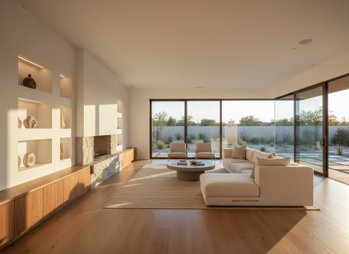An elegant residential living room in a high-end Nuevo, California remodel, featuring floor-to-ceiling sliding glass doors opening to a landscaped backyard. The space includes smooth white walls, wide-plank light oak flooring, and a custom-built media wall with integrated niches and concealed lighting. A minimalist stone fireplace anchors the room, while built-in cabinetry in warm wood tones adds texture. Golden hour sunlight pours through the glass, casting soft, elongated shadows and creating a calm, sophisticated ambiance. Photographic realism, shot at eye level with a wide lens, showcases the full room with crisp detail and gentle background falloff, highlighting Madrigal Construction Inc.’s refined approach to residential remodeling and architectural design.