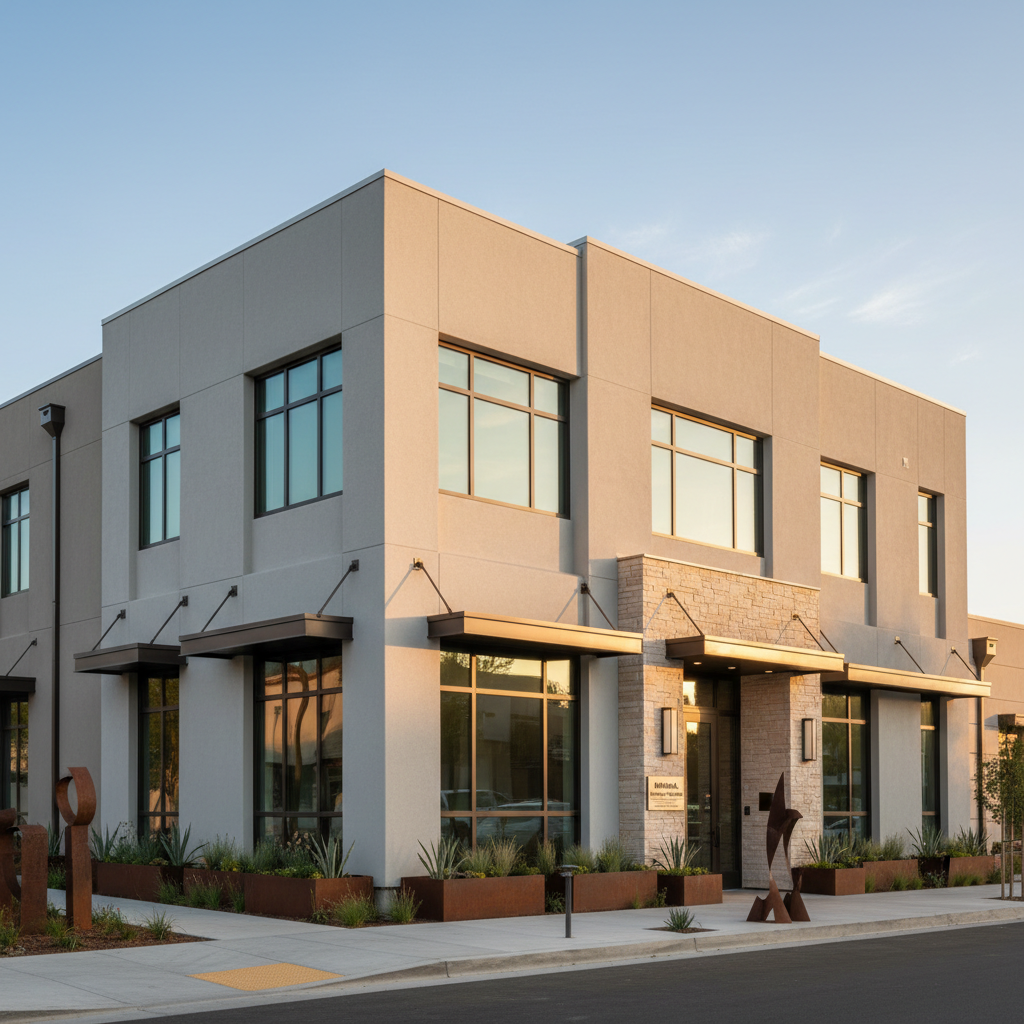 A sleek, newly completed mixed-use building in Nuevo, California, with clean contemporary lines, smooth light-gray stucco, and expansive low-e glass windows framed in dark bronze metal. The ground level showcases a refined stone-clad entry canopy and neatly landscaped planters with drought-tolerant greenery. Captured in soft late-afternoon natural light, subtle highlights trace the building’s edges while long shadows emphasize depth and form. The sky is a clear pale blue, giving the scene a sophisticated, professional mood. Photographic realism from a slightly elevated eye-level angle, with sharp focus across the façade, conveys architectural precision, craftsmanship, and Madrigal Construction Inc.’s expertise in both residential and commercial projects.